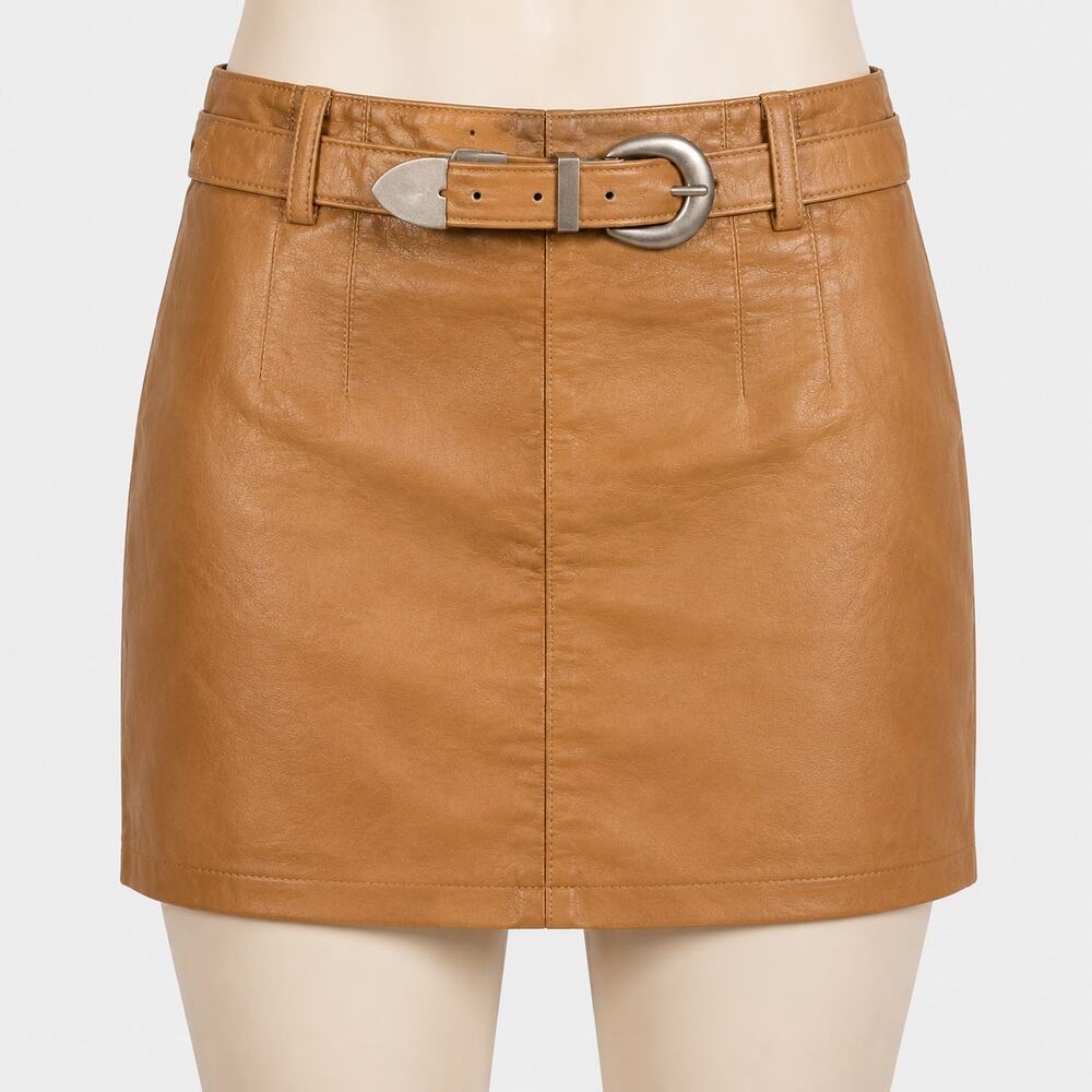 Free People Vegan Leather Mini Skirt Women's 8 Brown Belted Faux Leather